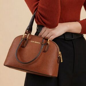 Steve Madden Women's Brown Gold-Tone Dome Satchel Handbag Crossbody Purse